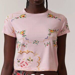 BDG Bennet Cropped Baby Pink Needlepoint T-Shirt